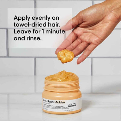 L'Oreal Absolut Repair Golden Hair Mask. Nourishing hair treatment for damage repair and shine. Apply evenly, rinse after one minute.