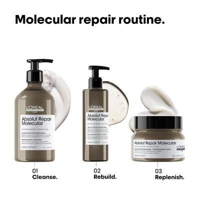 L'Oréal Absolut Repair Molecular Routine: Shampoo, Serum, Mask. Deep hair repair for damaged hair. Molecular repair routine.