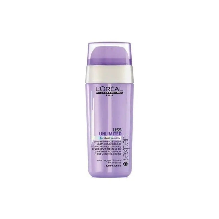 Purple bottle of L’Oreal Liss Unlimited Double Serum 30ml with evening primrose oils