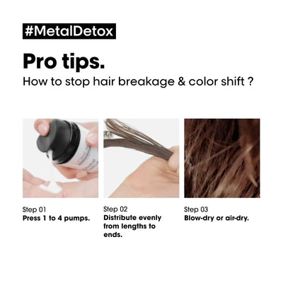 Metal Detox Pro Tips: Stop Hair Breakage & Color Shift. Hair care steps with Metal Detox product application.