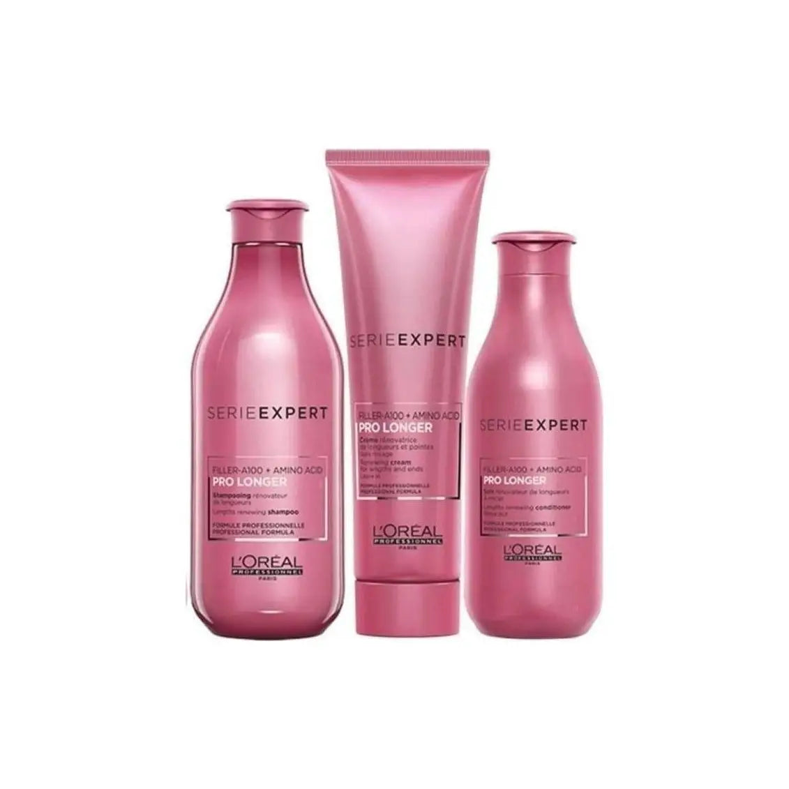 Loreal Pro Longer Gift Set featuring pink hair care products from the Serie Expert Pro Longer line