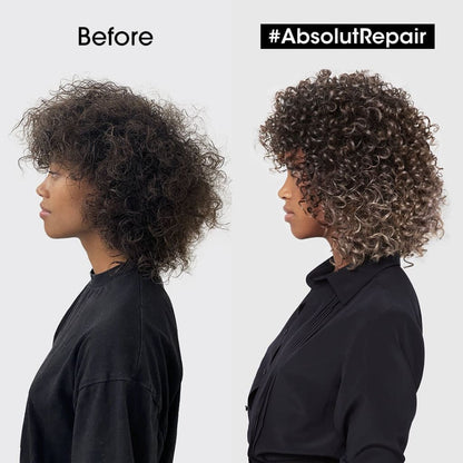 Curly hair before and after treatment with L’Oréal Professionnel Absolut Repair Conditioner