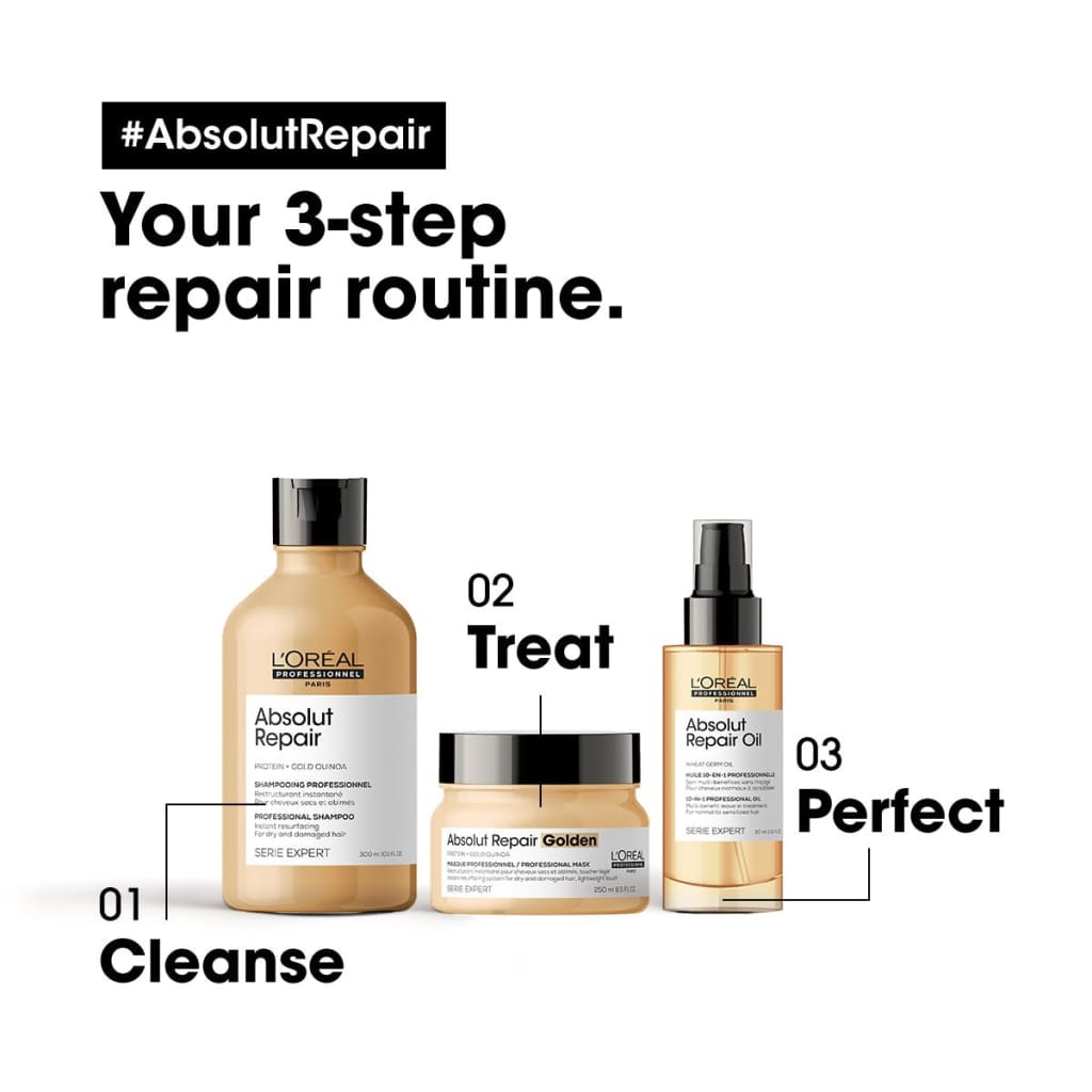 Three-step hair repair routine featuring L’Oréal Professionnel Absolut Repair products