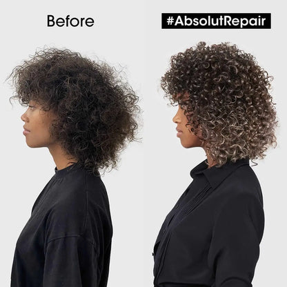 Side-by-side comparison of curly hair before and after using L’Oreal Professionnel Absolut Repair