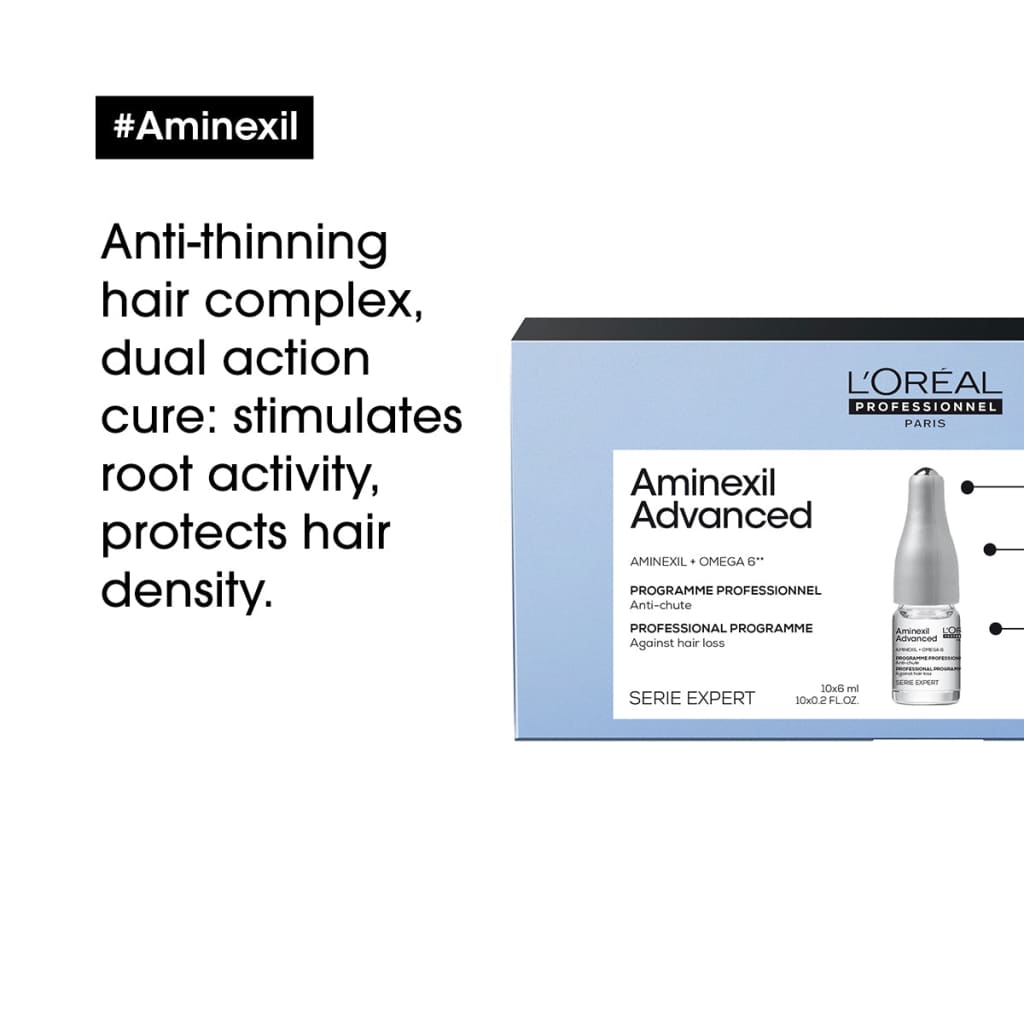 Hair care product called Aminexil Advanced by L’Oreal, shown as a box and bottle.