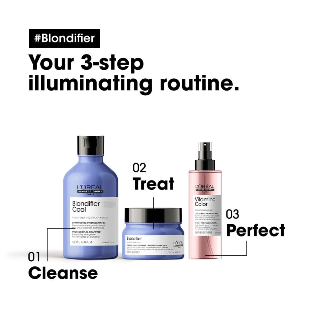 Three-step L’Oréal Professionnel Blondifier routine: cleanse, treat, perfect blonde hair