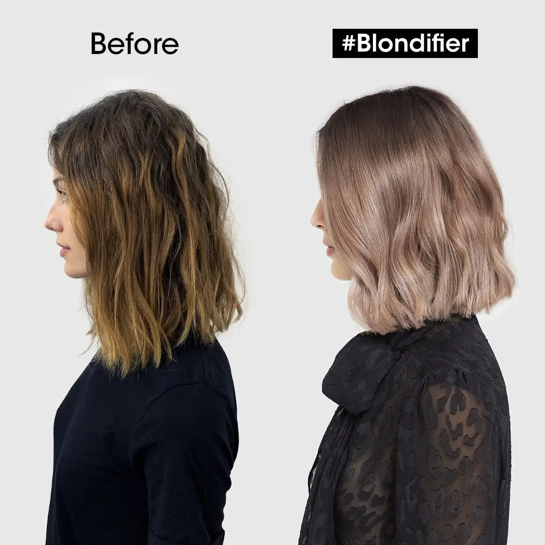 A woman’s hair color transformation using L’Oréal Professionnel Blondifier Gloss Shampoo