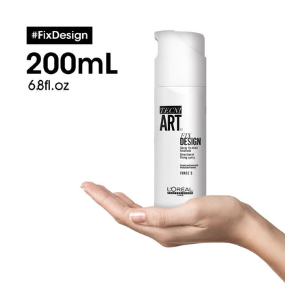 White cylindrical bottle of L’Oréal Tecni ART Fix Design hair spray, 200ML for styling