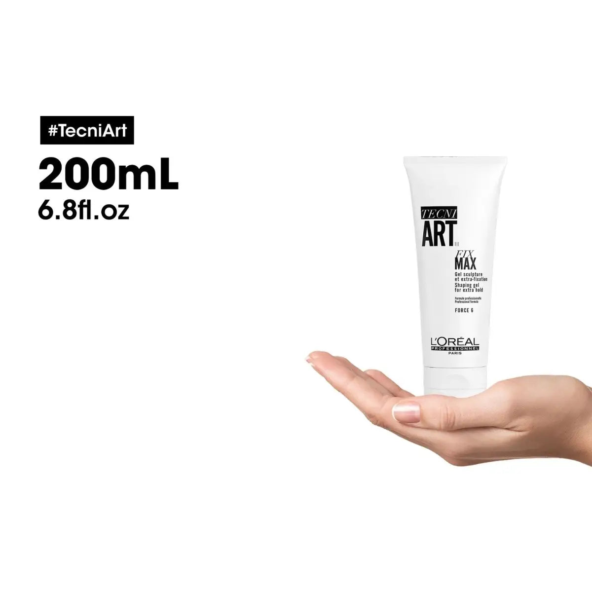 White tube of L’Oreal Tecni Art Max hair styling product in palm; L’Oréal Professionnel