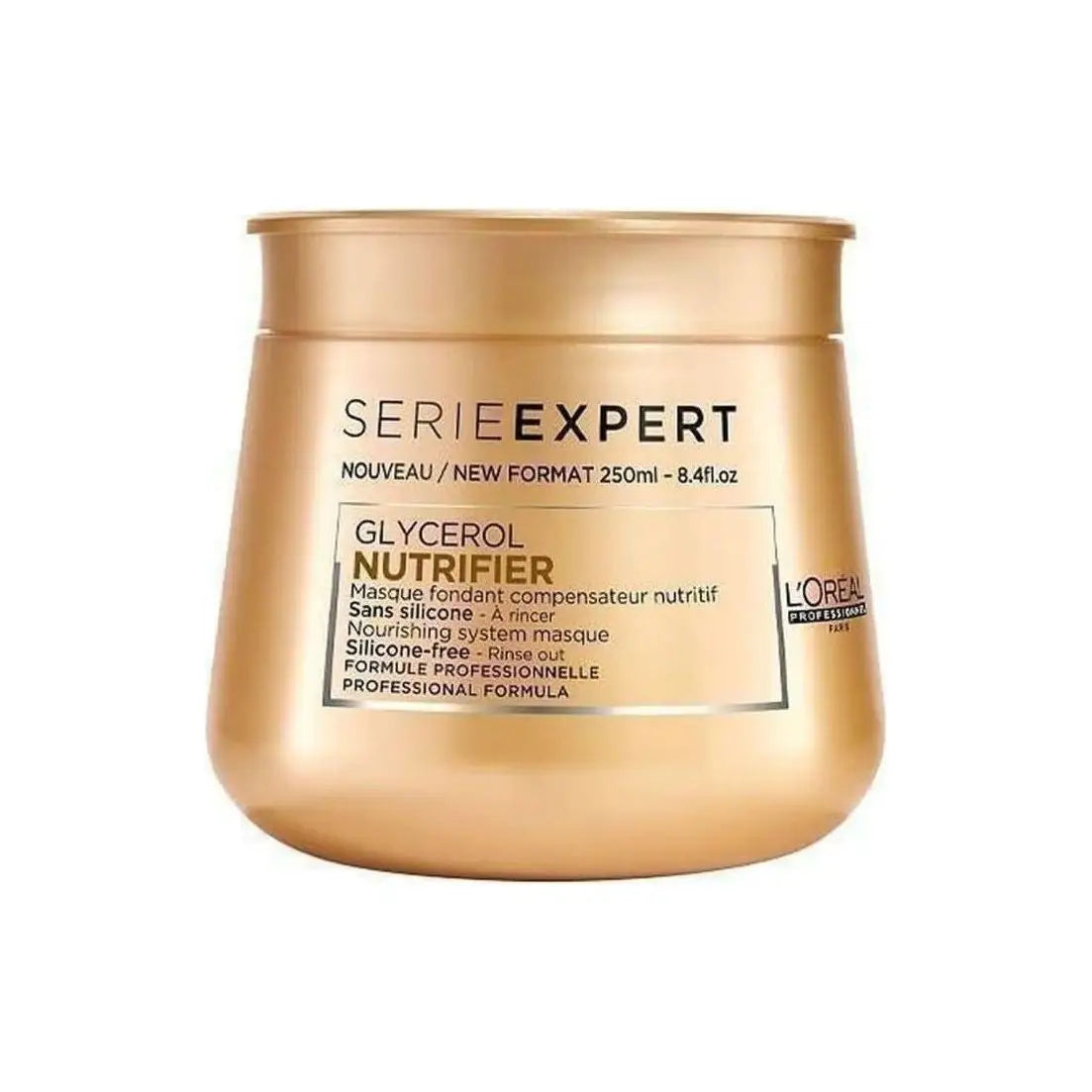 Gold-colored jar of Loreal Nutrifier Masque for visibly shinier hair