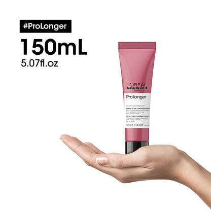 Pink tube of L’Oreal Professionnel Pro Longer hair product held in an open hand for long hair