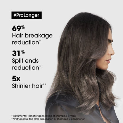 Woman with shiny dark hair using L’Oréal Professionnel Pro Longer Shampoo 300ml profile