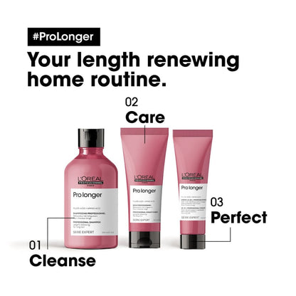 L’Oréal Professionnel hair care: Pro Longer Shampoo with pink-packaged styling products