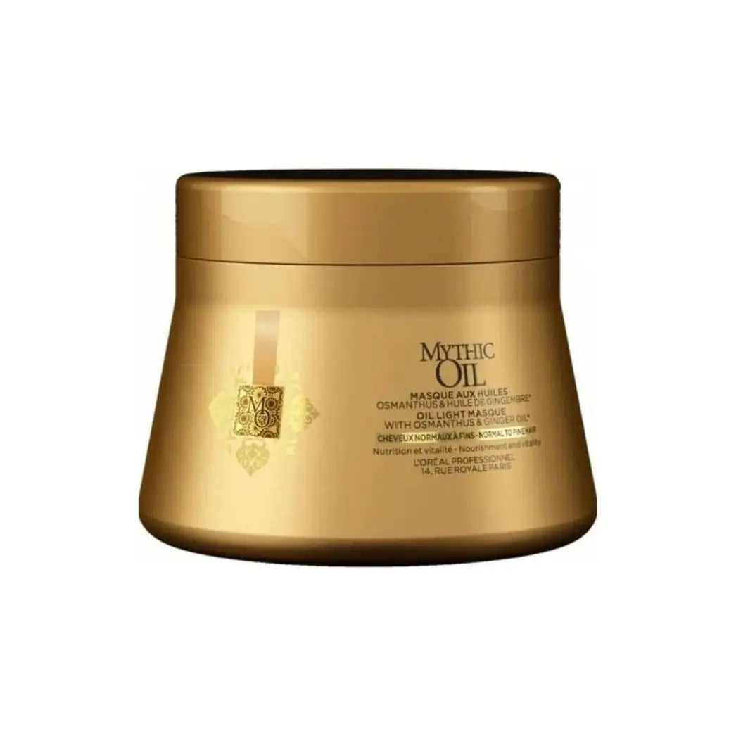 Gold-colored jar of Loreal Professional Mythic Oil Masque for Normal to Fine Hair 200ml