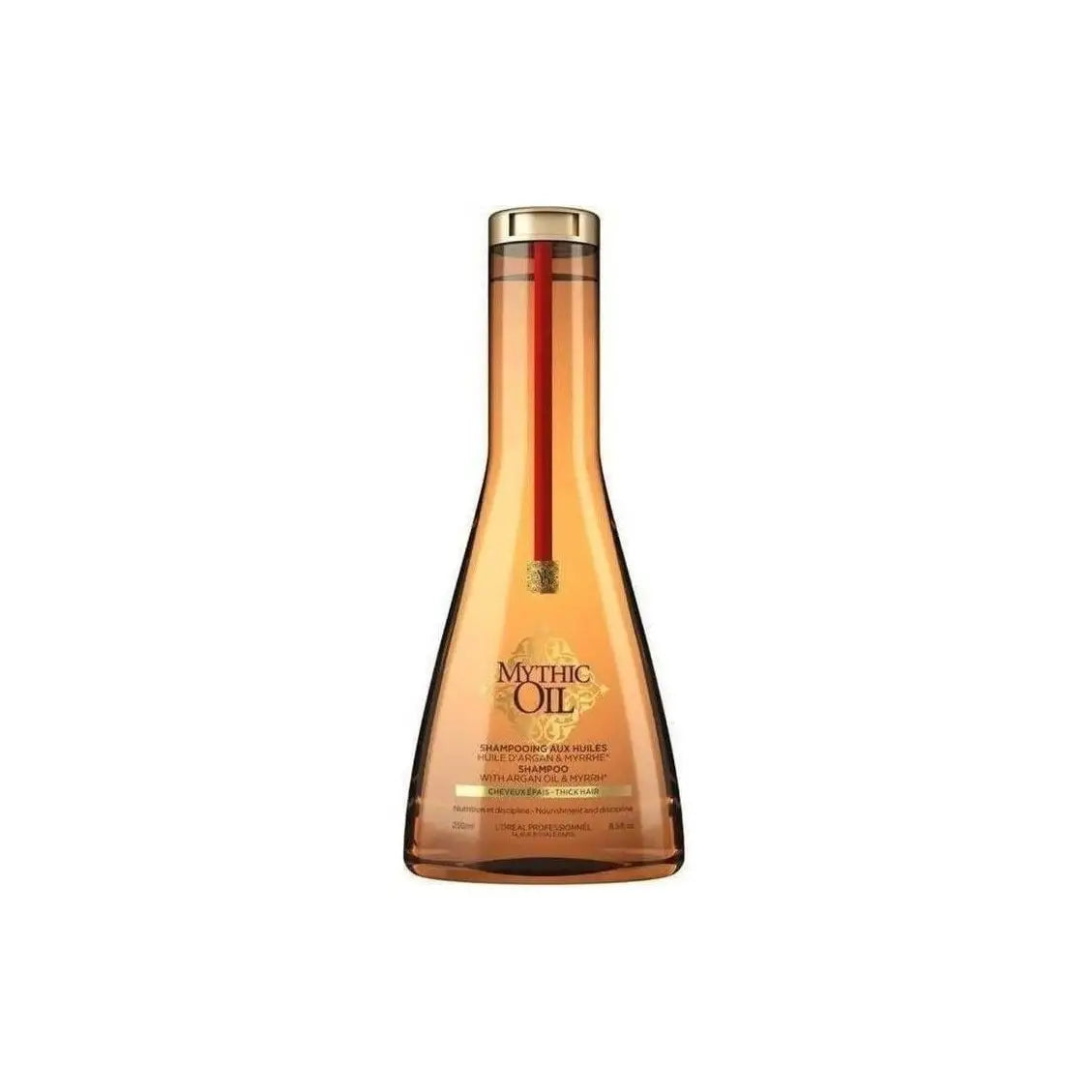 Bottle of Loreal Professional Mythic Oil Shampoo For Thick Hair 250ml with golden-amber liquid