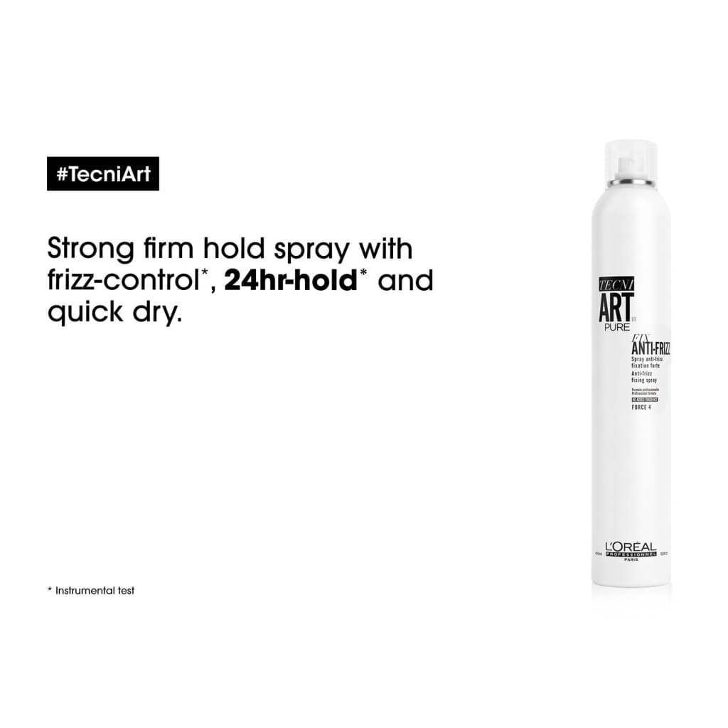 White aerosol spray can of Loreal Professional Tecni Art Fix Anti Frizz 250ml with natural fragrance