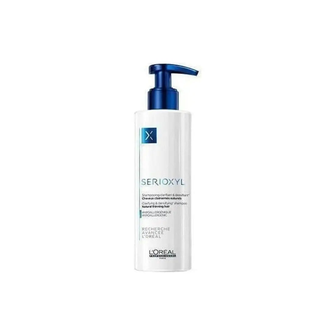 White bottle of L’Oreal Professionnel Serioxyl Shampoo with blue pump dispenser, 250ml