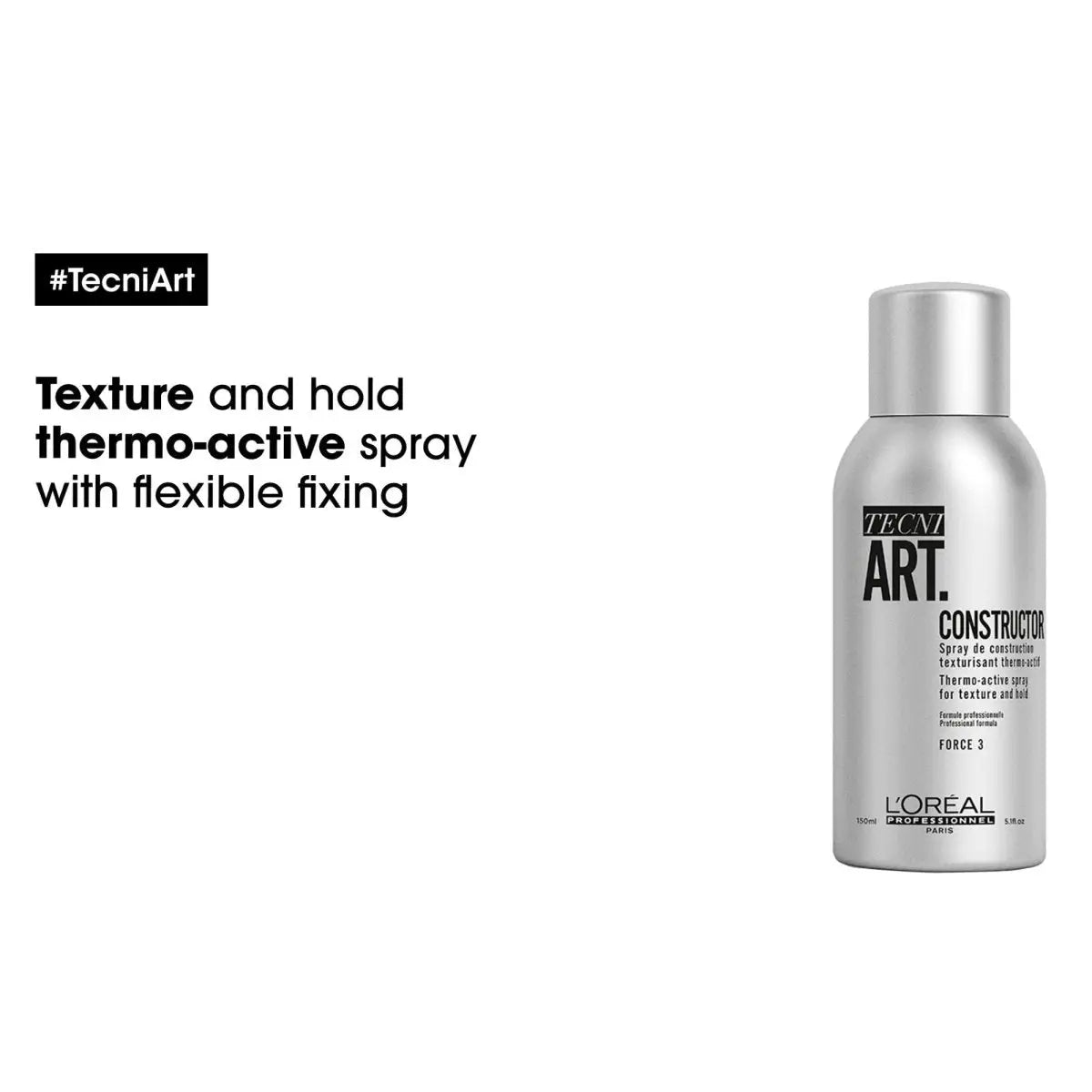 Silver aerosol spray can of L’Oreal Tecni ART Constructor hair product, 150ml