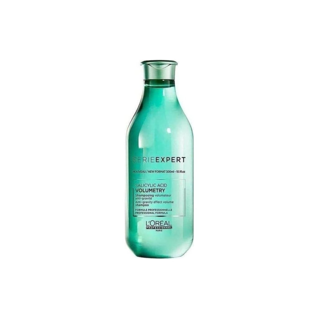 Green bottle of l’oréal volumetry shampoo with salicylic acid for reducing oily buildup