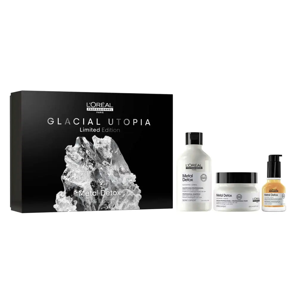 L’Oréal Professionnel hair care product set titled ’Glacial Utopia’ featuring multiple bottles and containers.