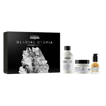 L’Oréal Professionnel hair care product set titled ’Glacial Utopia’ featuring multiple bottles and containers.