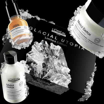 Collection of L’Oréal skincare products surrounded by ice crystals.