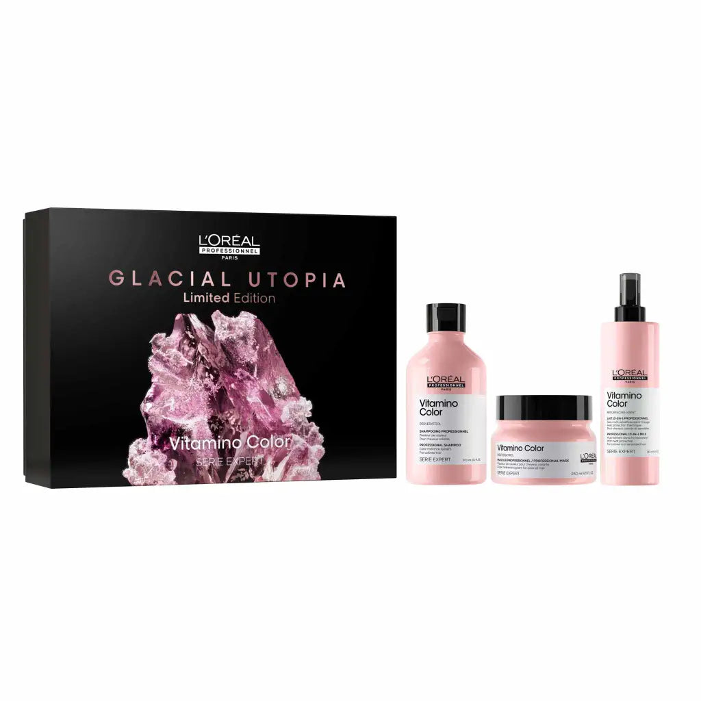L’Oréal Professionnel ’Glacial Utopia’ limited edition hair care product set featuring pink-tinted bottles and a black box with a pink crystal graphic.