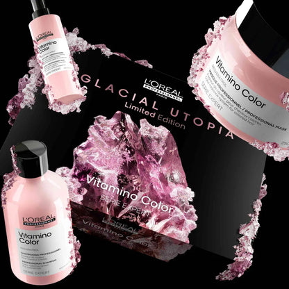 Pink crystal-like formation labeled ’Glacial Utopia Limited Edition’ surrounded by L’Oreal hair care products.