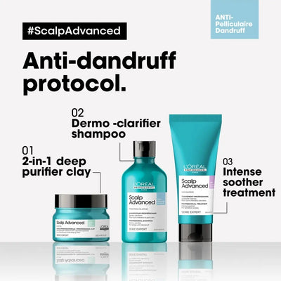 L'Oreal Scalp Advanced Anti-Dandruff protocol: Dermo-Clarifier Shampoo, 2-in-1 Clay, Soother Treatment