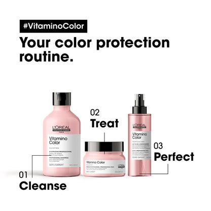 Advertisement for L’Oreal Vitamino Color 10 In 1 Spray showcasing a three-step hair care routine