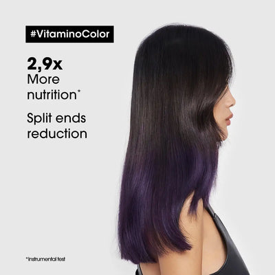 Long, straight hair with dark brown to purple ombre using L’Oréal Professionnel Vitamino Color