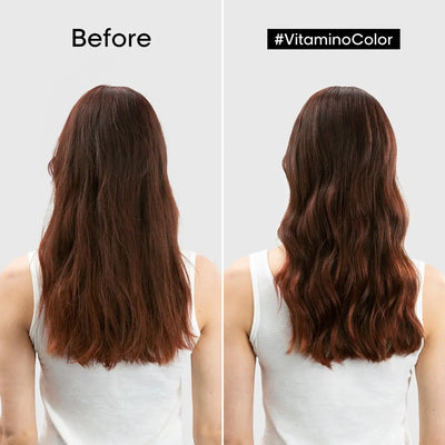Side-by-side of long brown hair before and after using L’Oréal Professionnel Vitamino Color