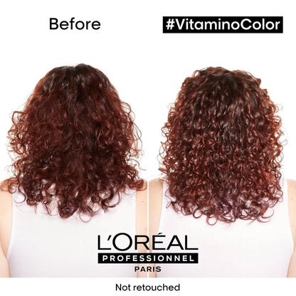 Before and after of curly reddish-brown hair with Loreal Vitamino Color Conditioner 150ml treatment