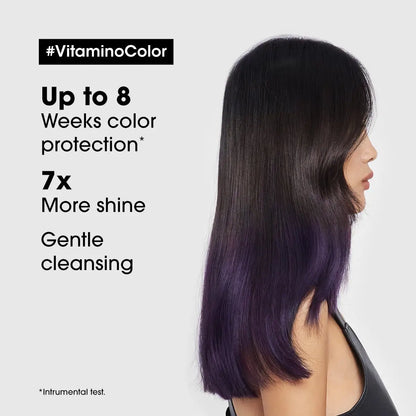 Long, straight hair with dark-to-purple ombre using L’Oréal Professionnel Vitamino Color