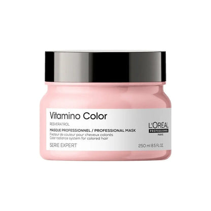Pink jar of L’Oréal Vitamino Color Masque 200ml for professional colored hair care