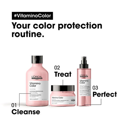 Before and after results of L’Oréal Professionnel Vitamino Color treatment on long brown hair