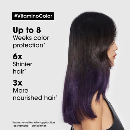 Long, straight hair with dark purple ombre, enhanced with L’Oréal Professionnel Vitamino Color shampoo
