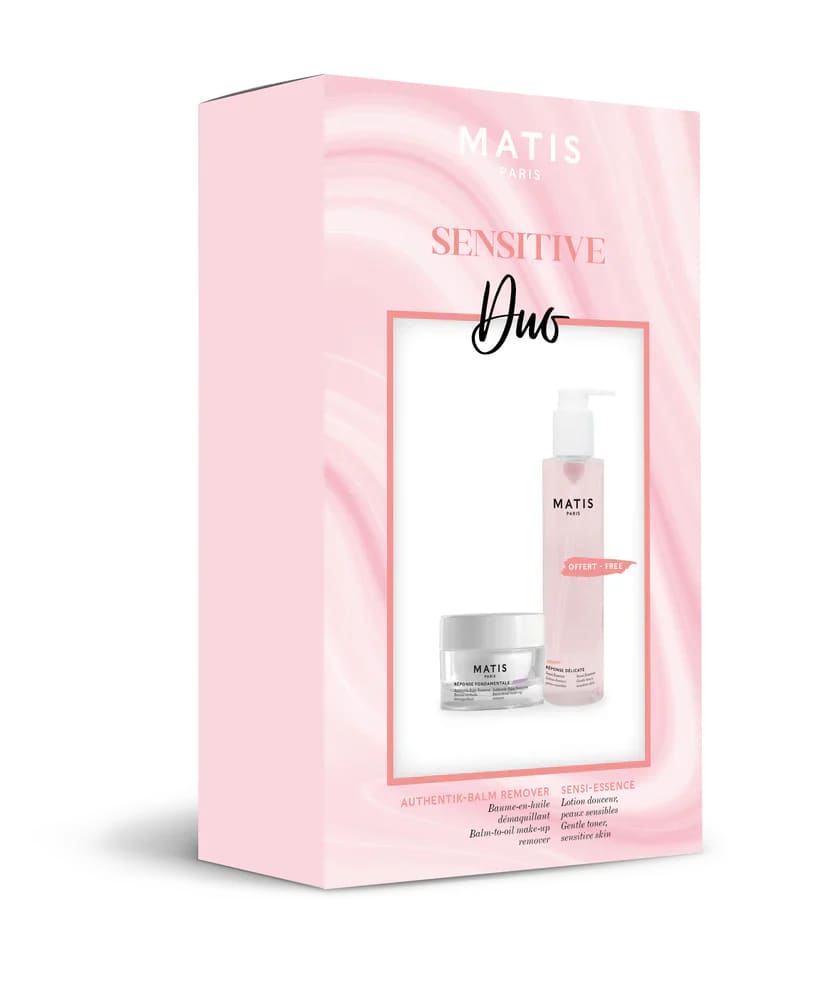 Pink packaging for Matis Sensitive Duo with Authentik Balm Remover and free toner