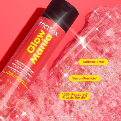 Matrix Glow Mania Shampoo: Color Protection, Sulfate-Free, Rosehip Oil. Shine & vibrancy for color-treated hair.