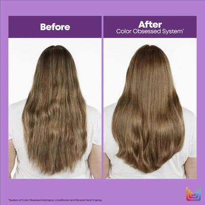 Before and after hair using Matrix Total Results Color Obsessed shows shine and smoothness improvement