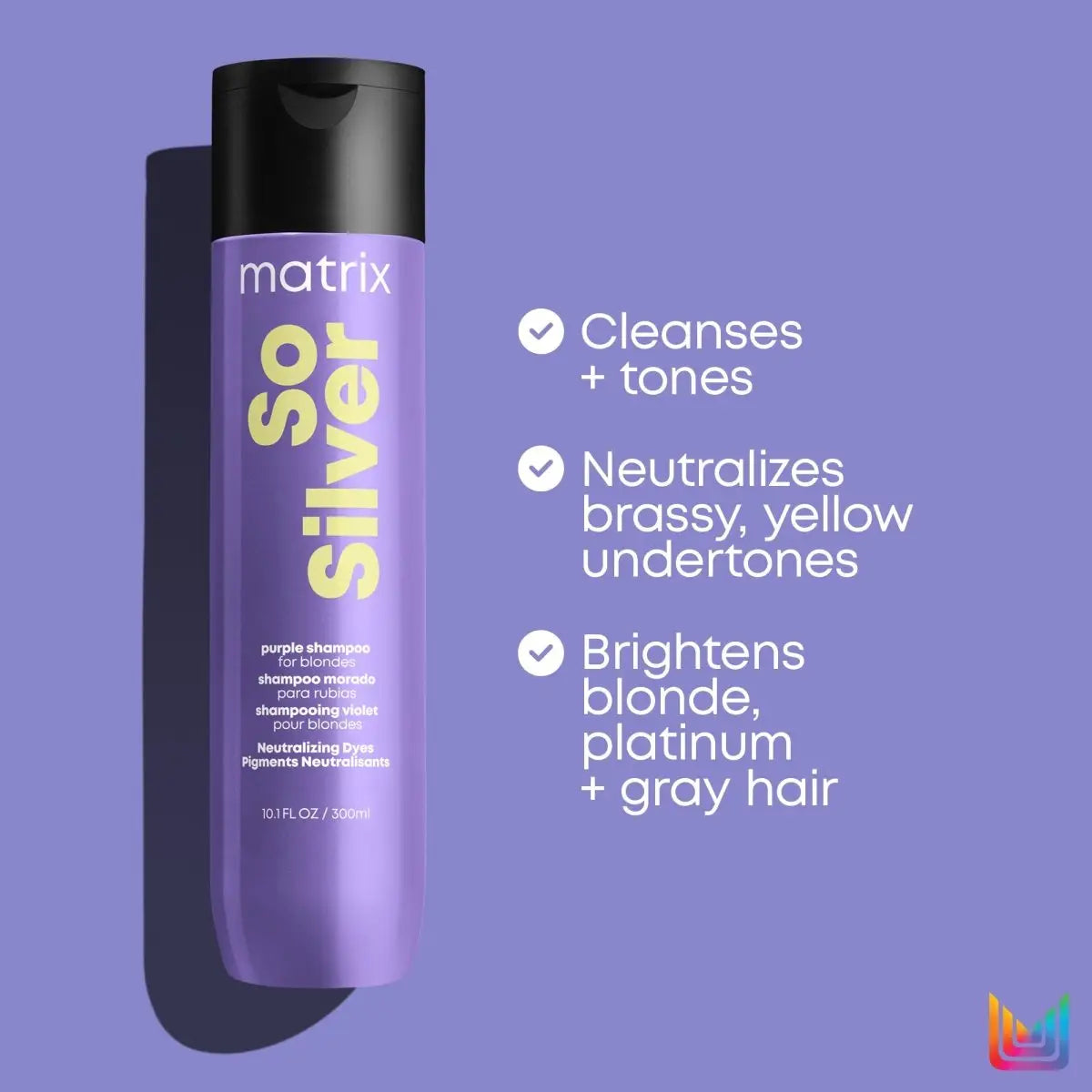 Purple bottle of Matrix Total Results Color Obsessed So Silver Shampoo - 300ml for blonde hair