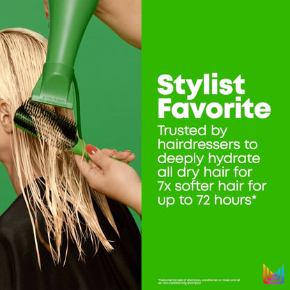 Styling blonde hair with a green brush using Matrix Total Results Hydrating Treatment Mask 500ml