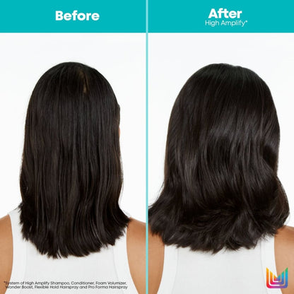 Before and after results of using Matrix Total Results High Amplify for voluminous dark hair