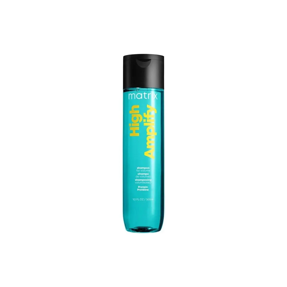 Turquoise bottle of Matrix Total Results High Amplify Shampoo with black cap, 300ml