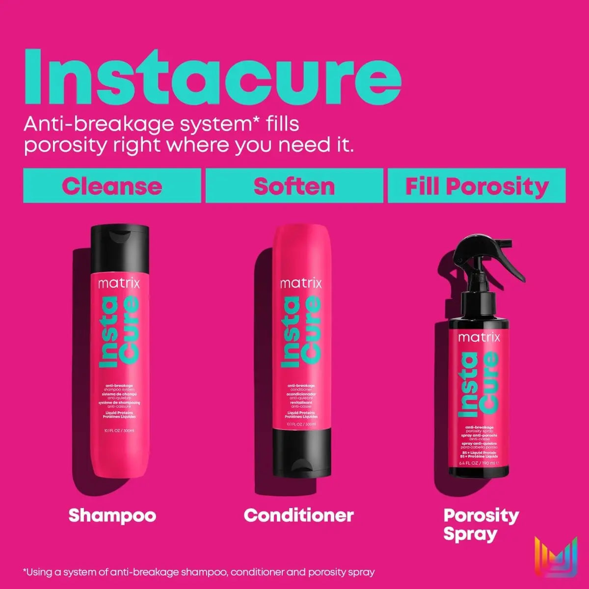 Advertisement for Matrix Instacure Spray 200ml, Shampoo 300ml, and Conditioner products