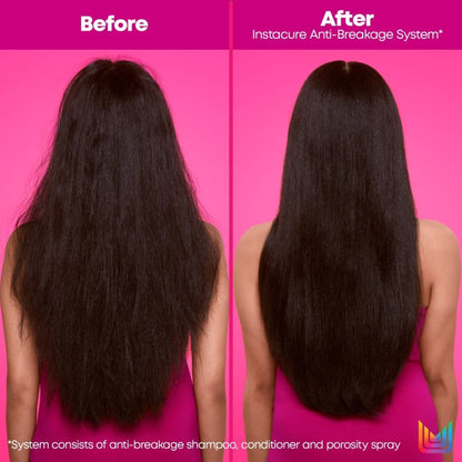 Before and after Matrix Instacure Spray: dark hair transformation with anti-breakage system