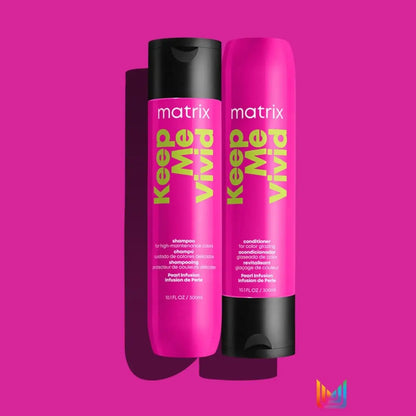 Two bottles of Matrix Keep Me Vivid Shampoo and Vivid Conditioner 300ml in bright pink packaging