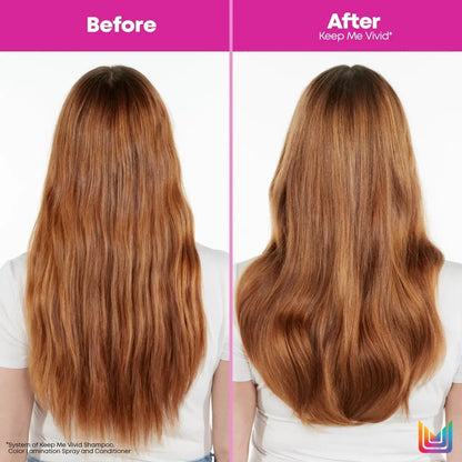 Before and after Matrix Total Results Vivid Conditioner 300ml on long, wavy reddish-brown hair