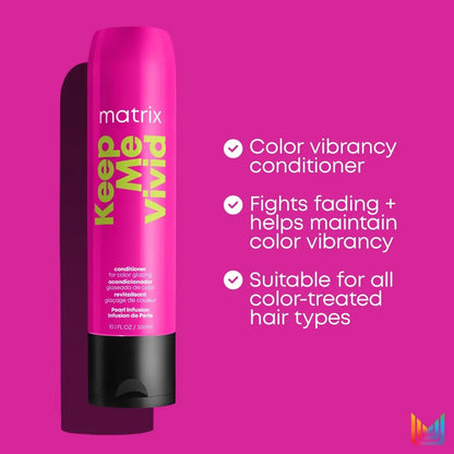 Bright pink Matrix Total Results Keep Me Vivid conditioner 300ml bottle with text