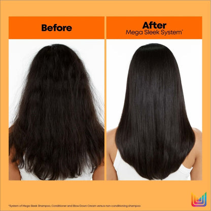 Before and after using Matrix Total Results Mega Sleek Blow Down Cream for frizzy to smooth hair